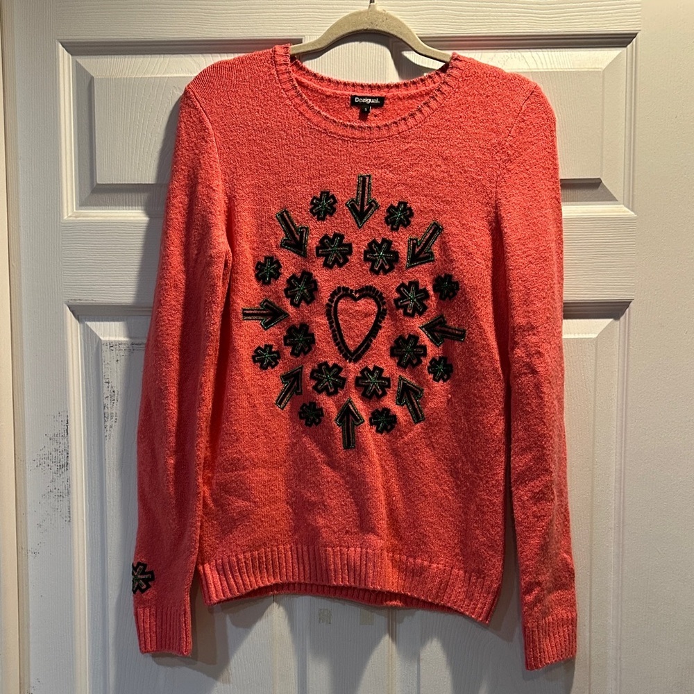 Desigual Pink Heart Print Cozy Sweater S - Picture 1 of 7